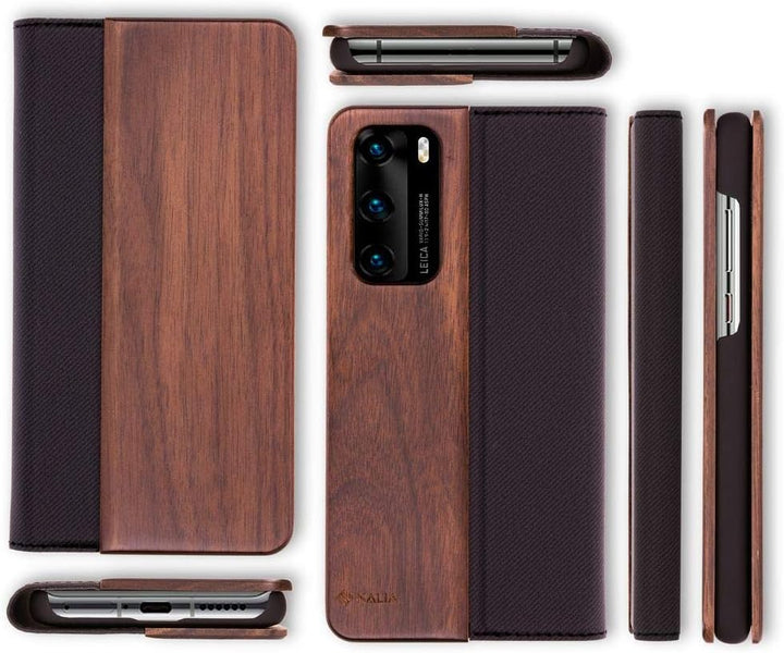 NALIA Echt-Holz Flipcase kompatibel mit Huawei P40 Hülle, Premium Wood Etui Handyhülle mit Klappe, H