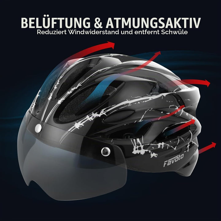 Favoto Fahrradhelm Herren mit Licht - Damenhelm Fahrradhelm Leichtgewicht Atmungsaktiv mit Brille Rü