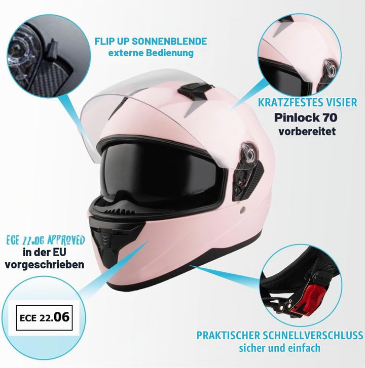 VINZ Kennet Integralhelm mit Sonnenblende | Motorrad Helm Vollvisierhelm Mopedhelm | Motorradhelm Fu