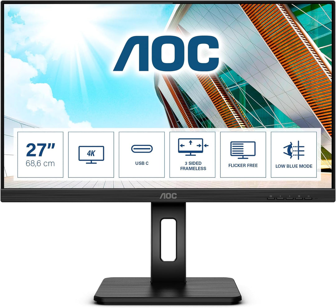 AOC U27P2 - 27 Zoll UHD Monitor, höhenverstellbar (3840x2160, 60 Hz, HDMI, DisplayPort, USB Hub) sch