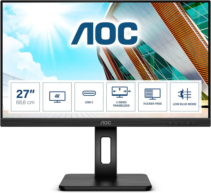 AOC U27P2 - 27 Zoll UHD Monitor, höhenverstellbar (3840x2160, 60 Hz, HDMI, DisplayPort, USB Hub) sch