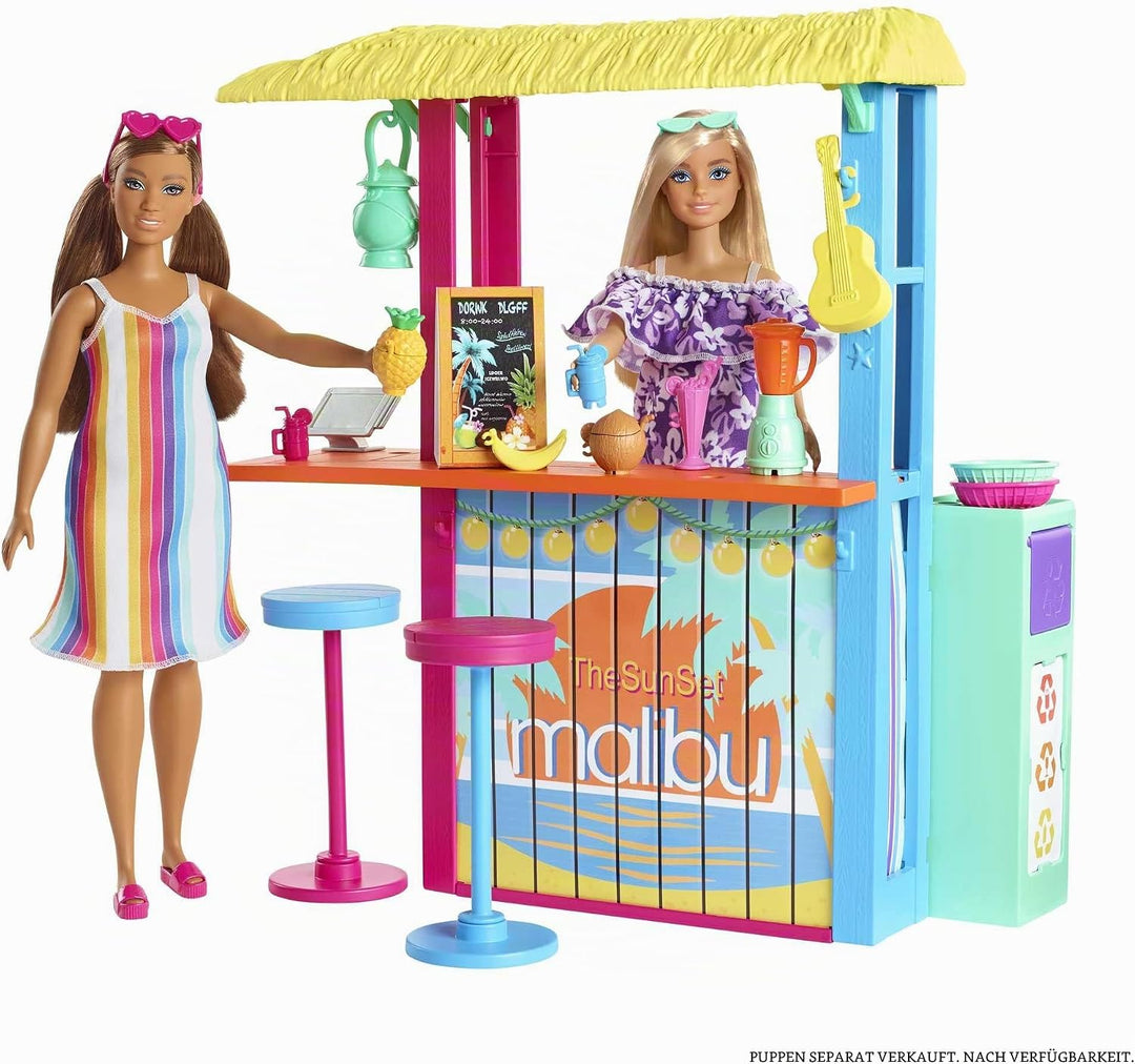Barbie GYG23 - Loves The Ocean Strandhüttenspass Spielset mit mehr als 18 Zubehörteilen aus recycelt