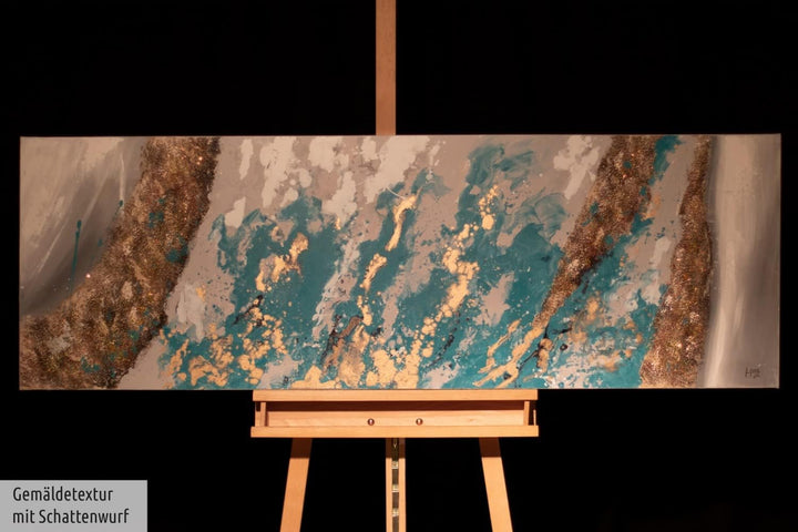 KunstLoft Leinwandbild | 100% HANDGEMALT | 150x50cm | Gemälde 'Glacial Shore' | Abstrakt | Blau Weis