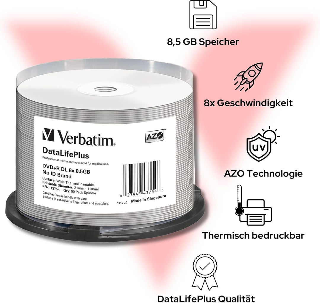 Verbatim DVD-R 8x Double Layer Wide Thermal Printable 8.5GB, DataLifePlus, 50er Pack Spindel, DVD Ro