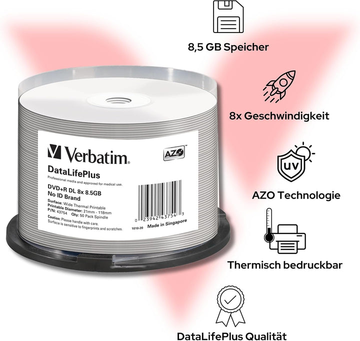 Verbatim DVD-R 8x Double Layer Wide Thermal Printable 8.5GB, DataLifePlus, 50er Pack Spindel, DVD Ro