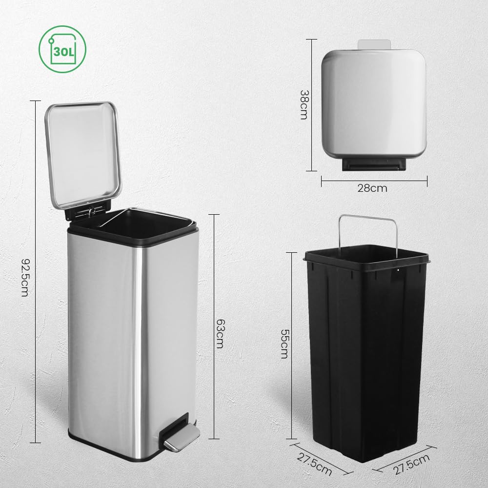 Ullege Mülleimer,30L Tretmülleimer mit Softclose Deckel,30 Liter Abfalleimer mit Fusspedal, Quadrati