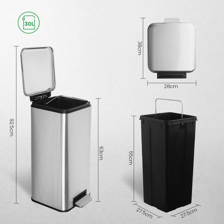 Ullege Mülleimer,30L Tretmülleimer mit Softclose Deckel,30 Liter Abfalleimer mit Fusspedal, Quadrati