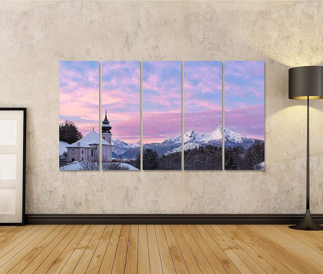 islandburner Bild auf Leinwand Watzmann Sonnenuntergang Kirche Bayern Berchtesgaden Deutschland Alpe