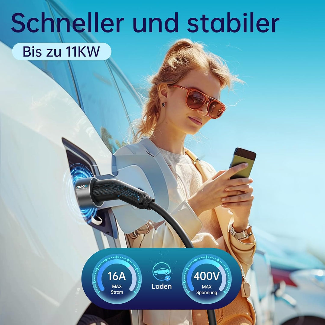 QIAO Elektrofahrzeug-Ladekabel Typ 2, 11kW 5M 16A 3-phasig, IEC 62196 Ladekabel für Elektrofahrzeuge