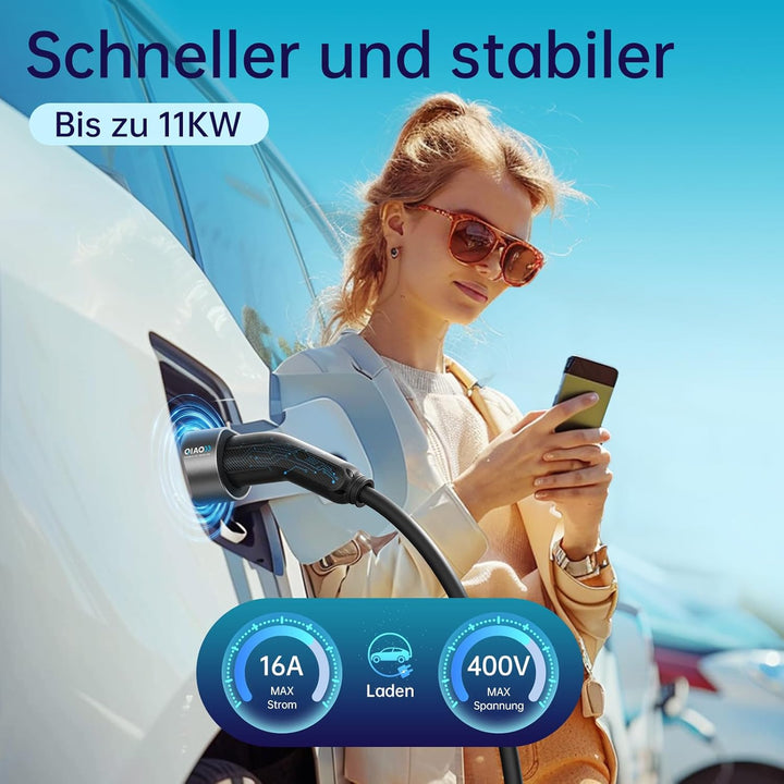 QIAO Elektrofahrzeug-Ladekabel Typ 2, 11kW 5M 16A 3-phasig, IEC 62196 Ladekabel für Elektrofahrzeuge