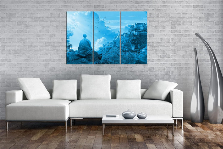 deyoli Buddhistischer Mönch Format: 120x80 3Teilig Effekt: Monocrome Blau als Leinwandbild, Motiv fe
