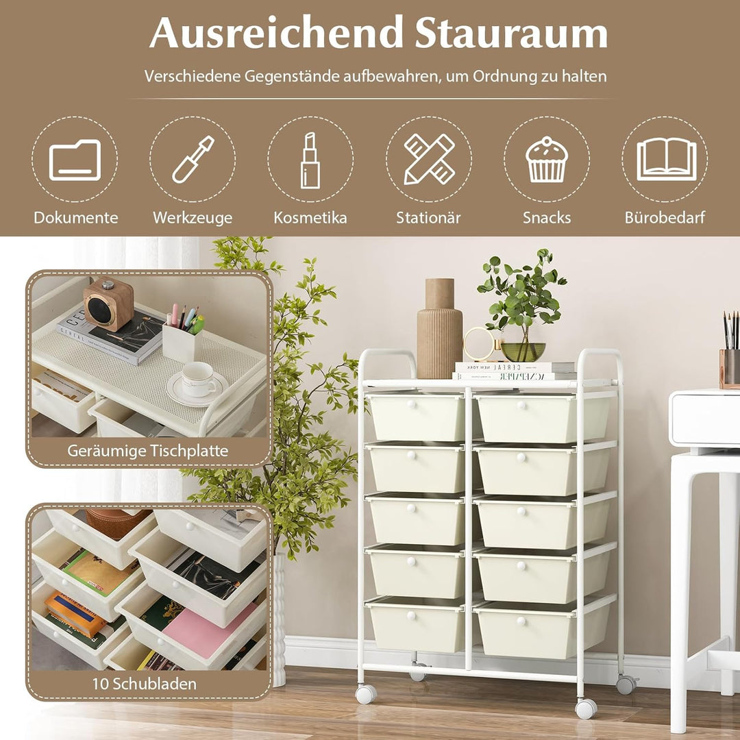 GOPLUS Rollwagen mit 10 Schubladen stapelbar, Rollcontainer mit Ablage & Metallgestell, Badregal, Au