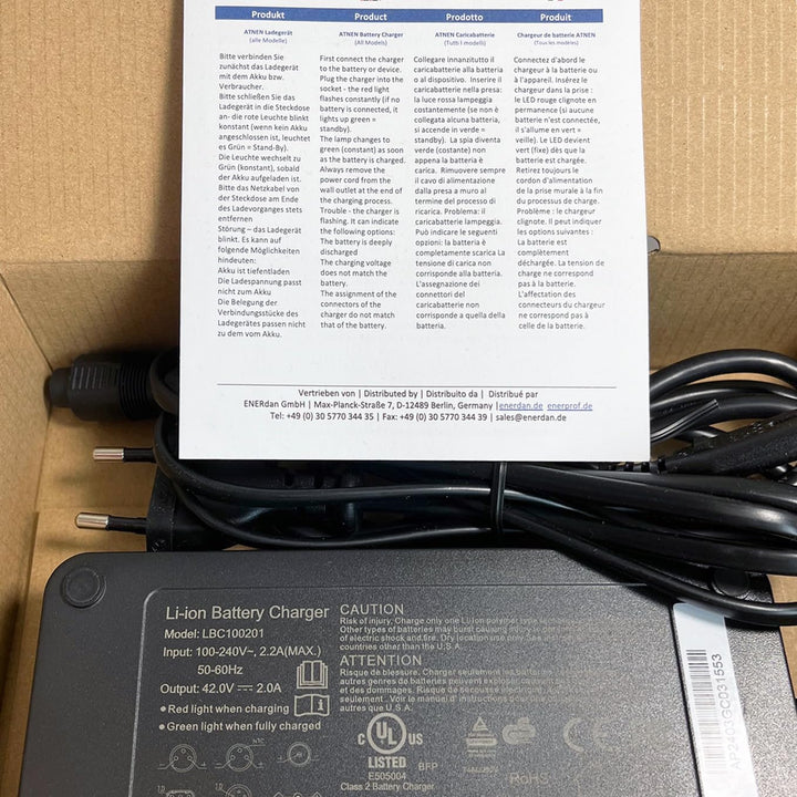 Enerpower Ladegerät 42V 2A 85 Watt 5-Pins Rund für 36V Akkus für Fischer, Phylion, Devron, Lifebike,