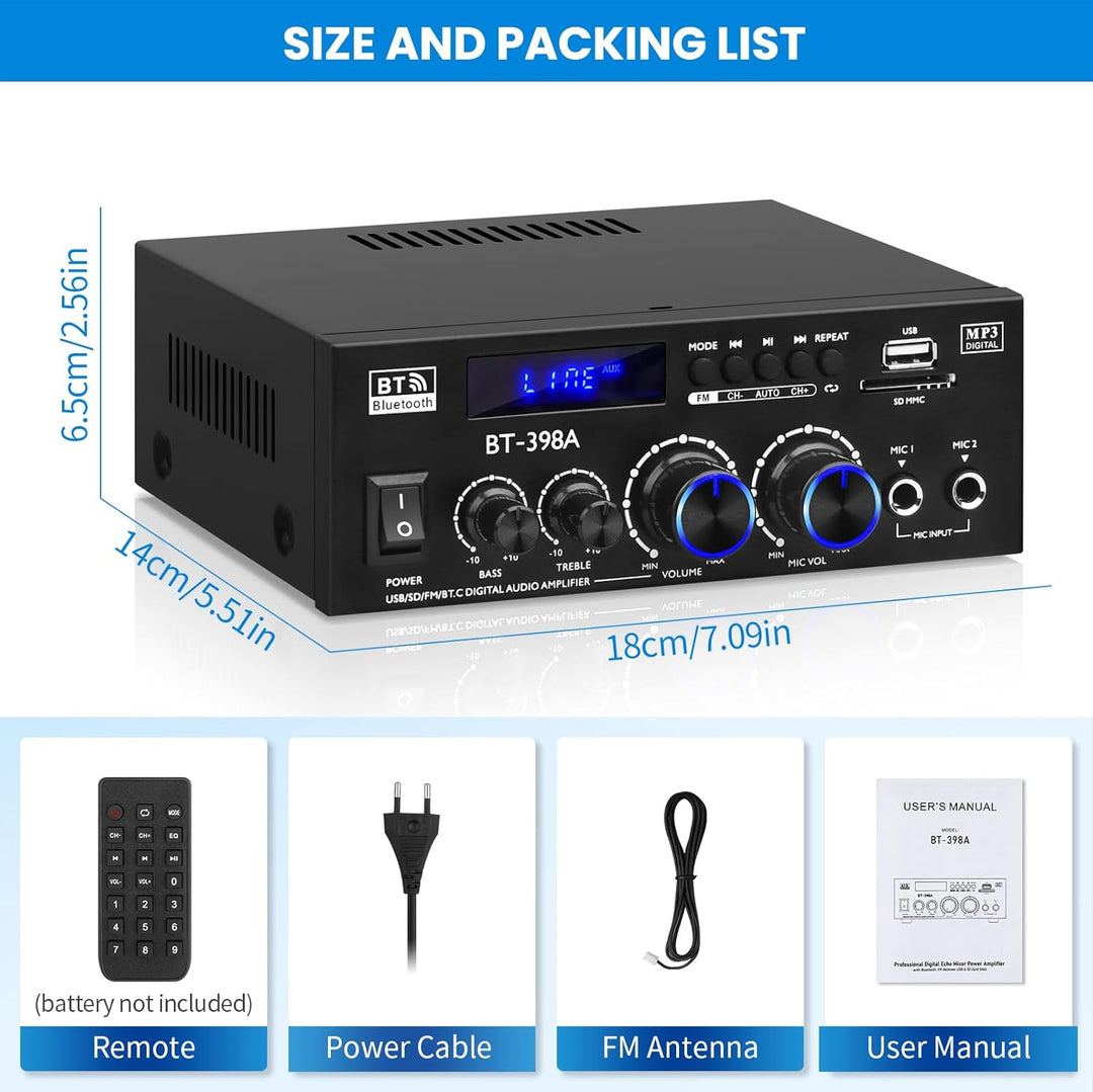 BT-398A HiFi-Verstärker Bluetooth 5.0 Stereo Audioverstärker 2.0 Kanal 60W+60W Digitale Verstärker E