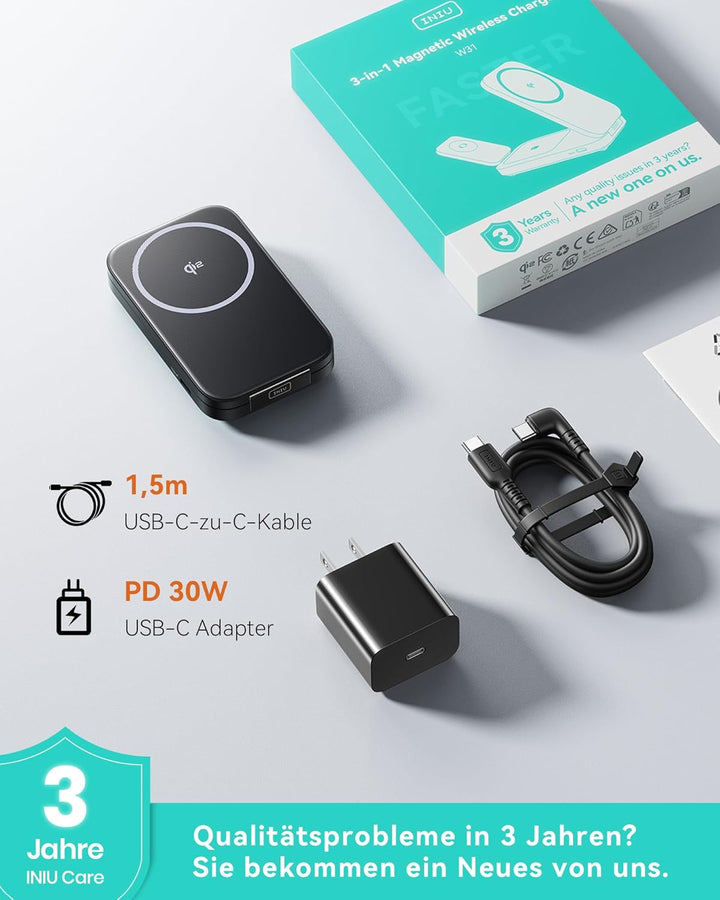 INIU Induktive iPhone Ladestation 3 in 1, 15W Qi2-Zertifiziertes Magnetisches Kabelloses Ladegerät F