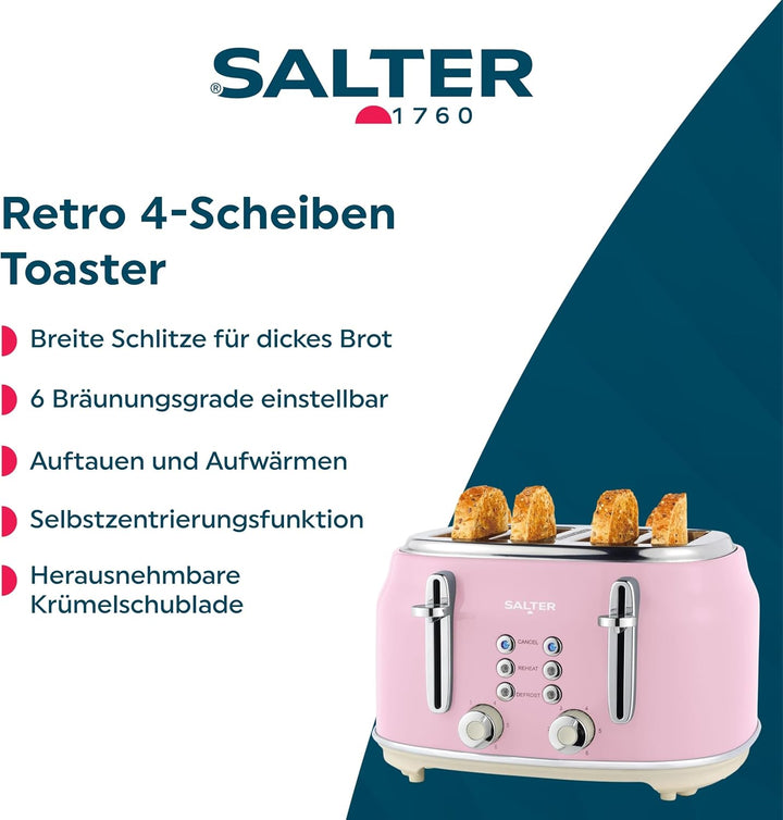 Salter Retro Toaster 4 Scheiben – Breite Schlitze, 6 Bräunungsgrad, Auftauen, Aufwärmen, Abbrechen F