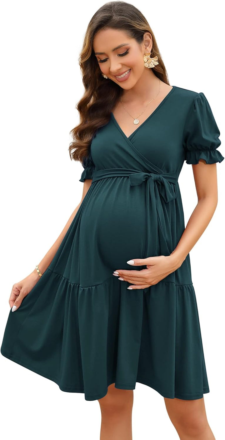 KOJOOIN Damen Umstandskleid V-Ausschnitt Stillkleid Elegant Puff Ärmel Schwangerschafts Kleider mit