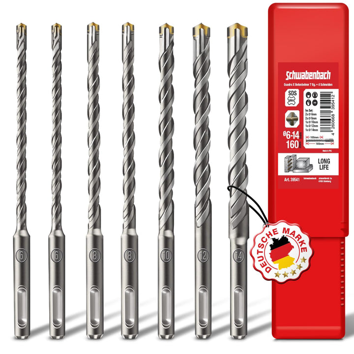 SCHWABENBACH ® SDS PLUS Betonbohrer Set - Super SDS Bohrer Set - 7tlg. 6 8 10 12 14 x 160 mm - Stein