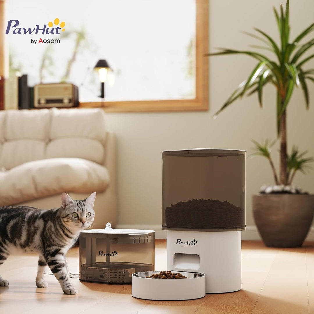 PawHut Futterautomat Katze und Katzenbrunnen 2,5 L Wasserspender für Hunde, Katzen Katzenfutter- und