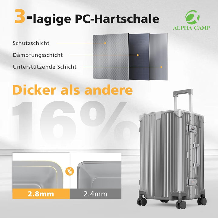 ALPHA CAMP Koffer L Aluminium Rahmen & Polycarbonat Hartschale mit TSA Schloss 360°Doppelrollen Reis