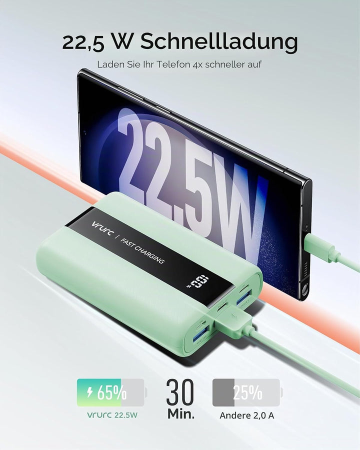 VRURC Power Bank 20000mAh – Kleiner & tragbarer externer Akku mit 22,5W QC & PD 3.0 Schnellladen, US