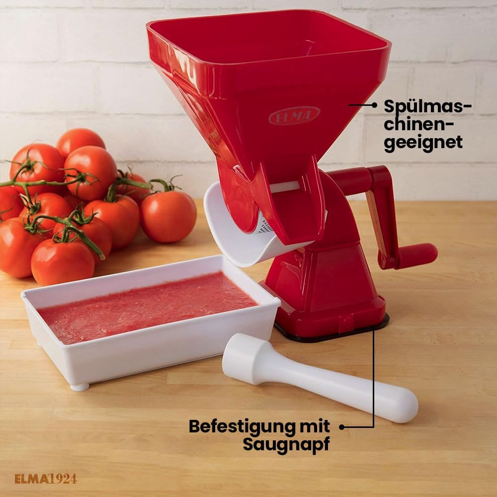 Elma Manueller Tomatenzerkleinerer Modell 24.99.1, Kunststoff-Tomatenmaschine mit rotem Edelstahlfil