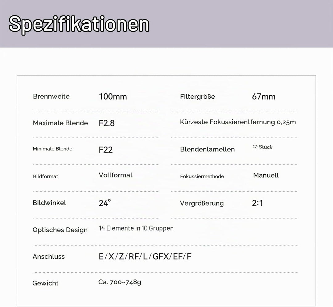 TTARTISAN 100mm F2.8 Makro 2X Kameraobjektiv für Sony E Mount Vollformat Manueller Fokus Objektiv fü