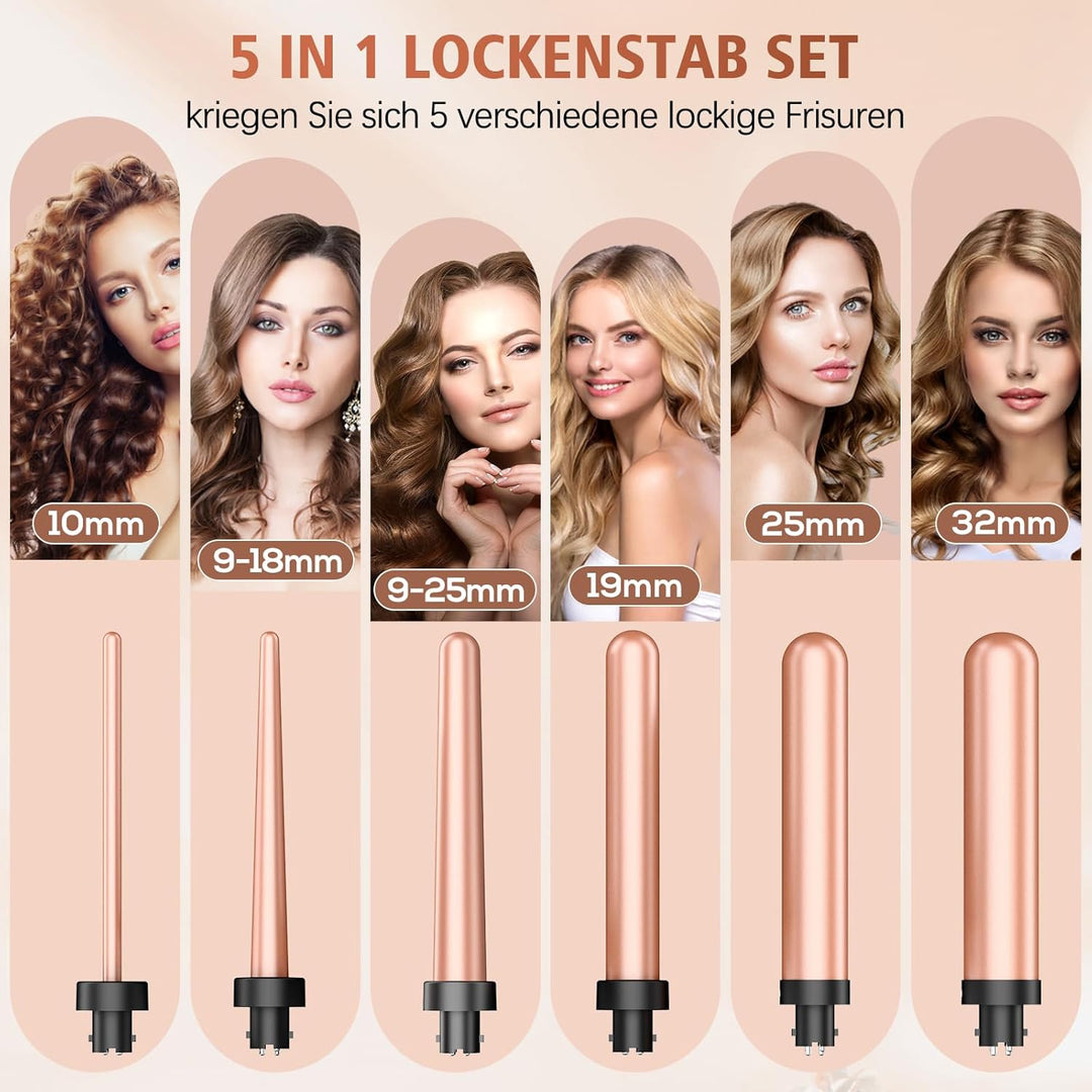 Lockenstab Grosse und Kleine Locken Set mit einstellbarer Temperatur - 6 in 1 Mit Verschiedenen Aufs