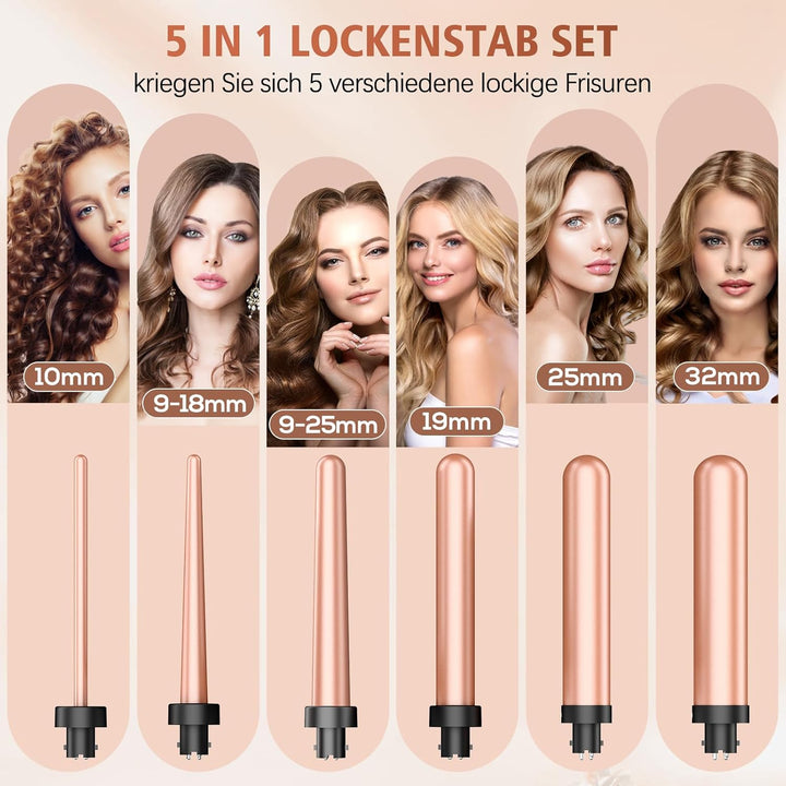 Lockenstab Grosse und Kleine Locken Set mit einstellbarer Temperatur - 6 in 1 Mit Verschiedenen Aufs