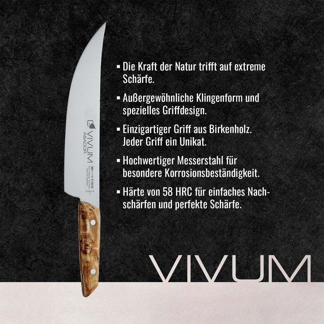 F. DICK BBQ Messer ASADOR VIVUM 22 cm - rostfrei, Klinge extra scharf, 58 HRC, Zerlegemesser Birkenh