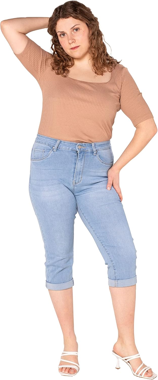 Nina Carter P200 Damen Capri Jeanshosen Grosse Grössen HIGH Waist Jeans Sommer Hose Used-Look 50 Gro
