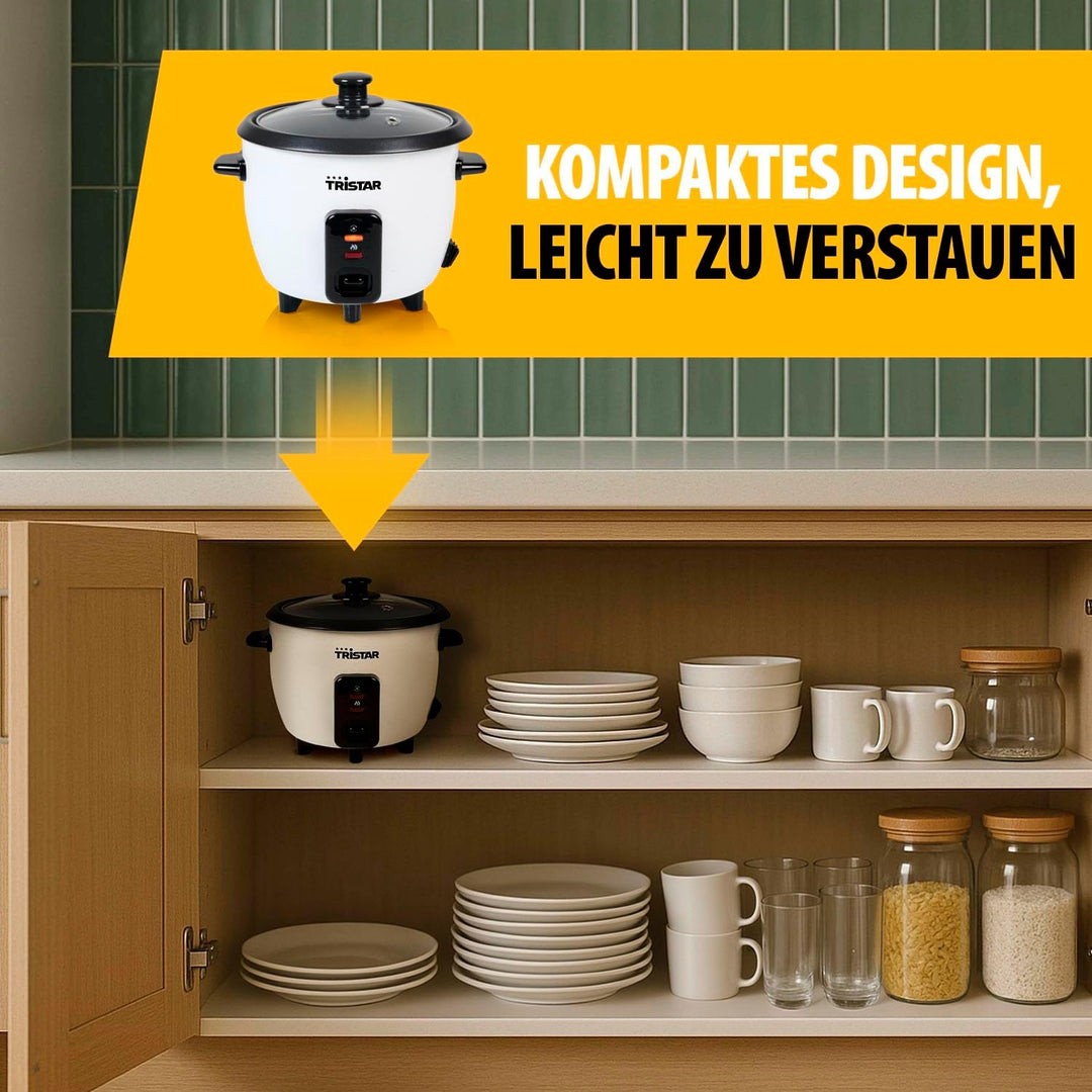 Tristar Reiskocher 0,6 L, Antihaft-Innentopf, Warmhalte- und Abschaltautomatik, Kompaktes Design, In