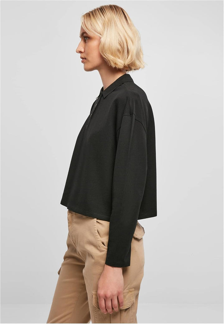 Urban Classics Damen Ladies Short Oversized Polo Longsleeve XXL Schwarz, XXL Schwarz