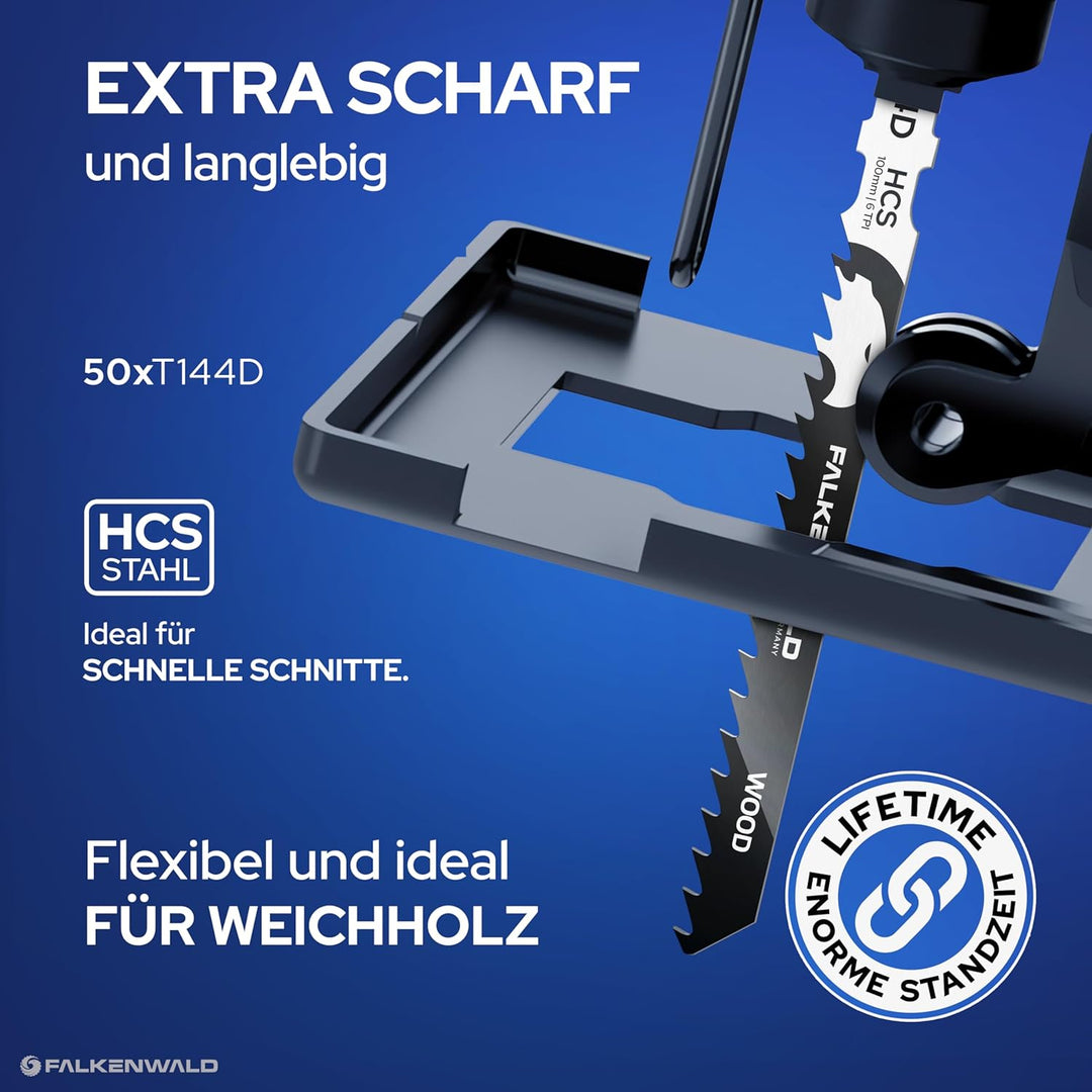 FALKENWALD® Stichsägeblätter Holz 50x T144D - High Speed Wood - 100 mm Länge, 4 mm Zahnteilung - Für