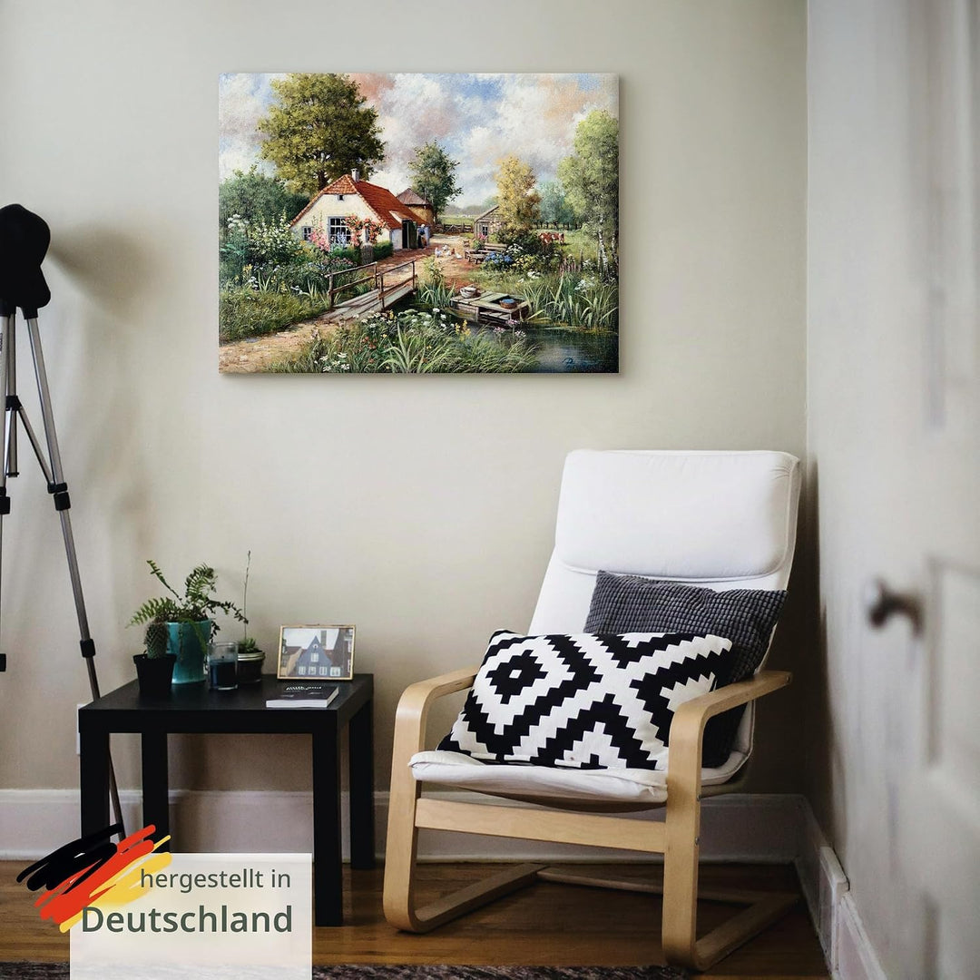 ARTland Leinwandbilder Wandbild Bild auf Leinwand 60x45 cm Wanddeko Bauernhof Landschaft Natur Fluss