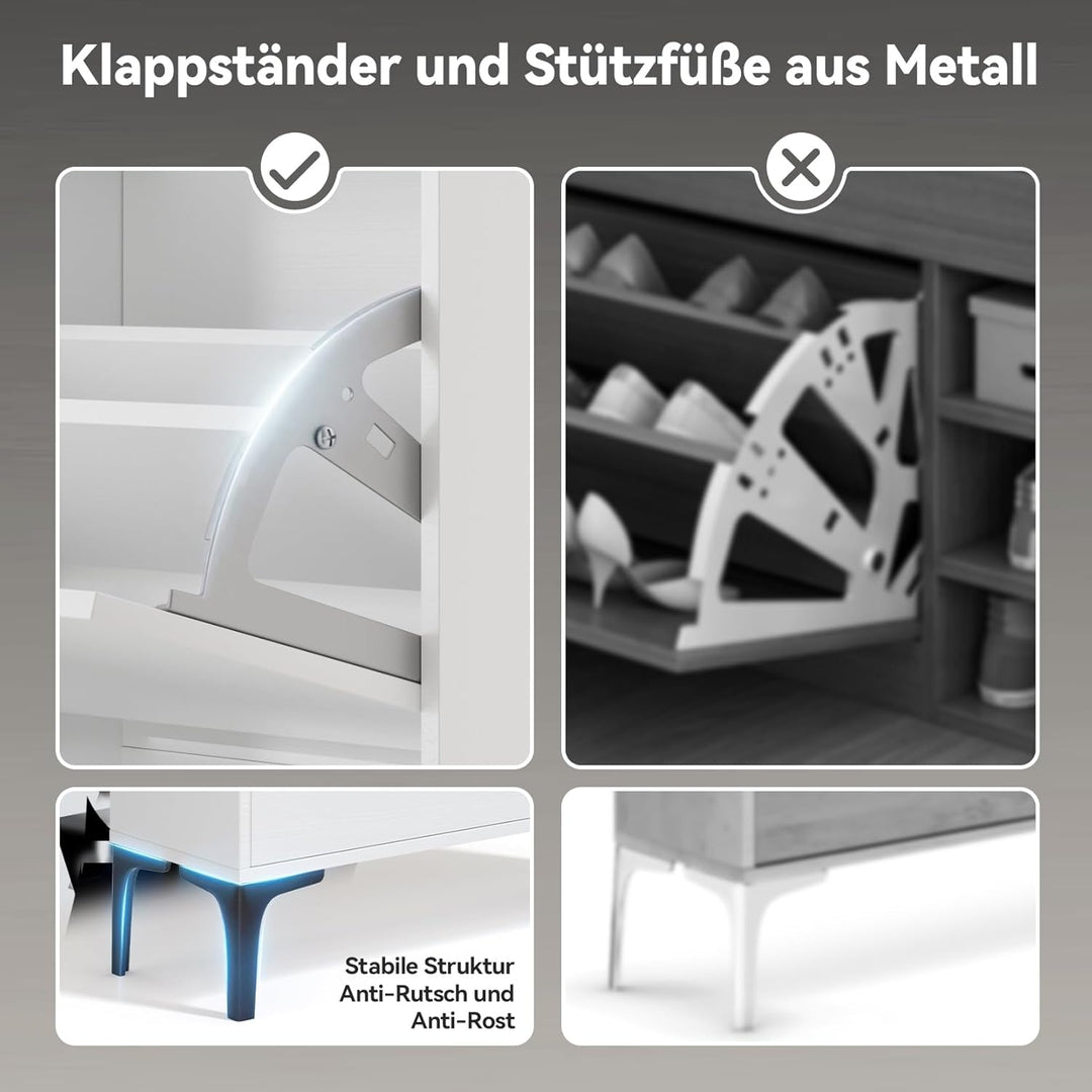 Dripex Schuhschrank weiss, Schuhkipper mit 2 Flip-Schubladen,Schuhregal schmal mit Metallfüssen, ver