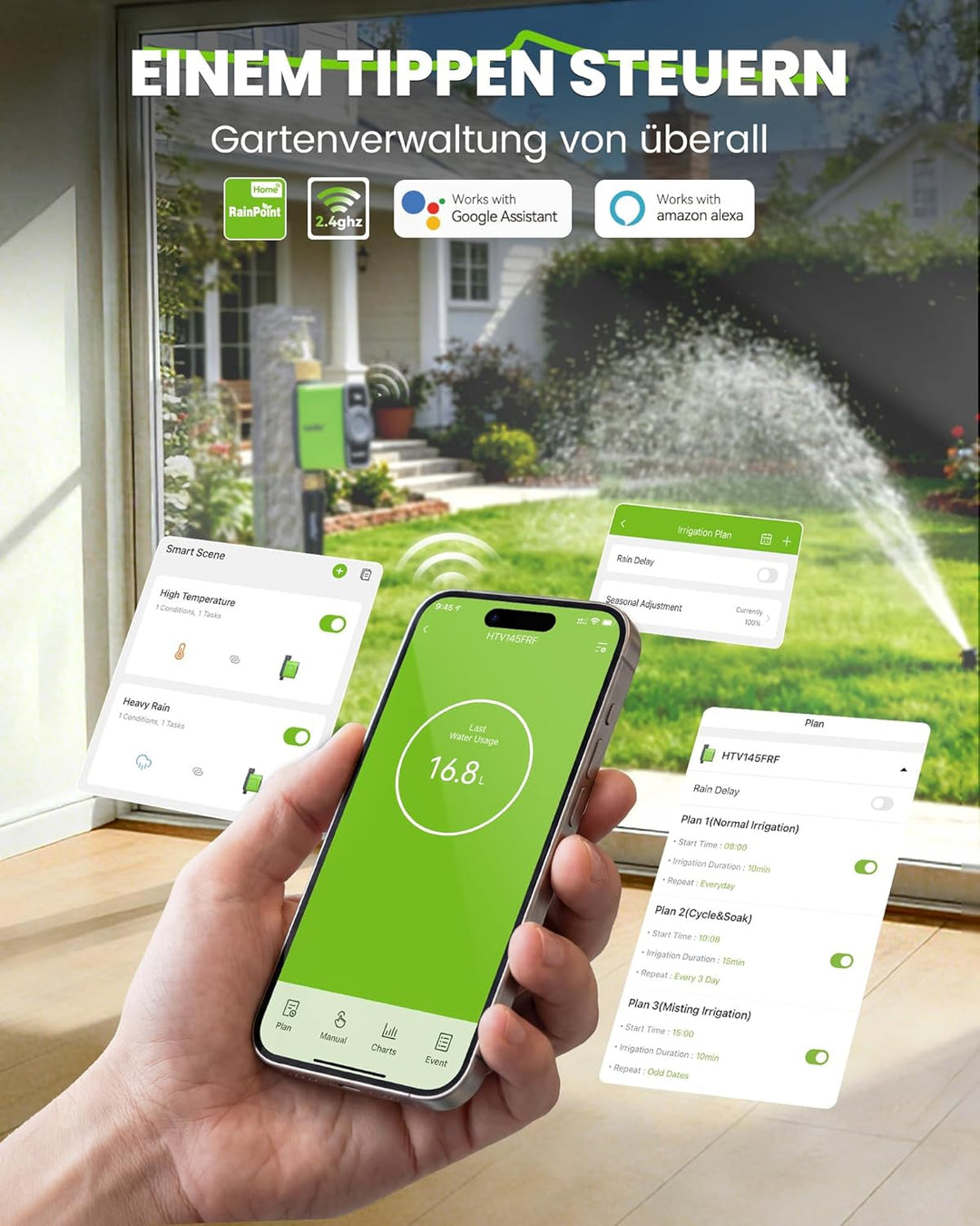 RAINPOINT Bewässerungscomputer WLAN mit Messing Einlass und Auslass, Smart Bewässerungssteuerung, AP