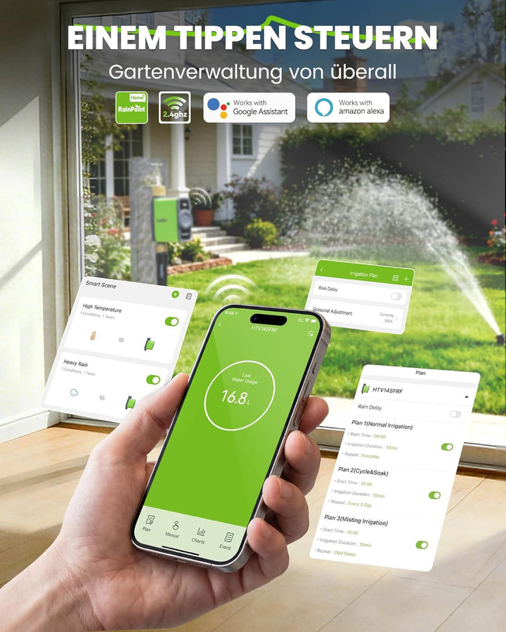 RAINPOINT Bewässerungscomputer WLAN mit Messing Einlass und Auslass, Smart Bewässerungssteuerung, AP