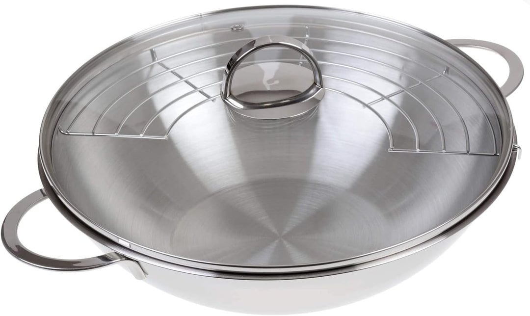 GRÄWE Edelstahl Wok 32 cm mit Glasdeckel und Ablagegitter, Edelstahl