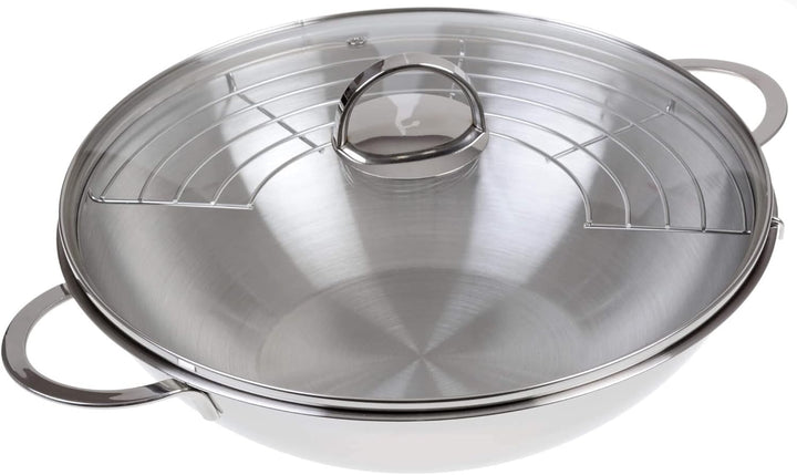 GRÄWE Edelstahl Wok 32 cm mit Glasdeckel und Ablagegitter, Edelstahl