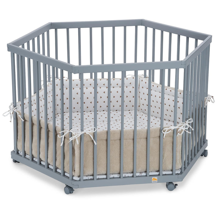 FabiMax Baby Laufgitter 6-eck Grau lackiert, stufenlos höhenverstellbar, mit Schlupfsprossen, Laufst