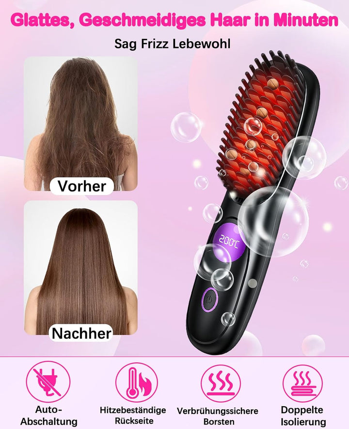 Stylingbürste für Kurze Haare, Glättbürste Kabellos, Wiederaufladbare Haarglätter Bürste mit LED-Anz