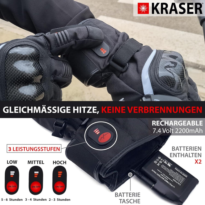 KRASER KRGS28-L Beheizte Handschuhe für Motorrad Ski Snow, Elektrisch Thermal 2200mAh Lithium 7,4 V