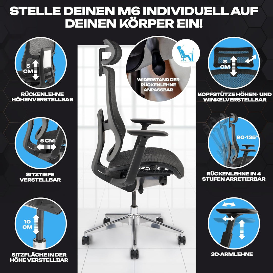 VALKENSTOL M6 Bürostuhl Ergonomisch - Auch für Grosse Menschen, Mesh-Sitz Ergonomischer Bürostuhl Ch