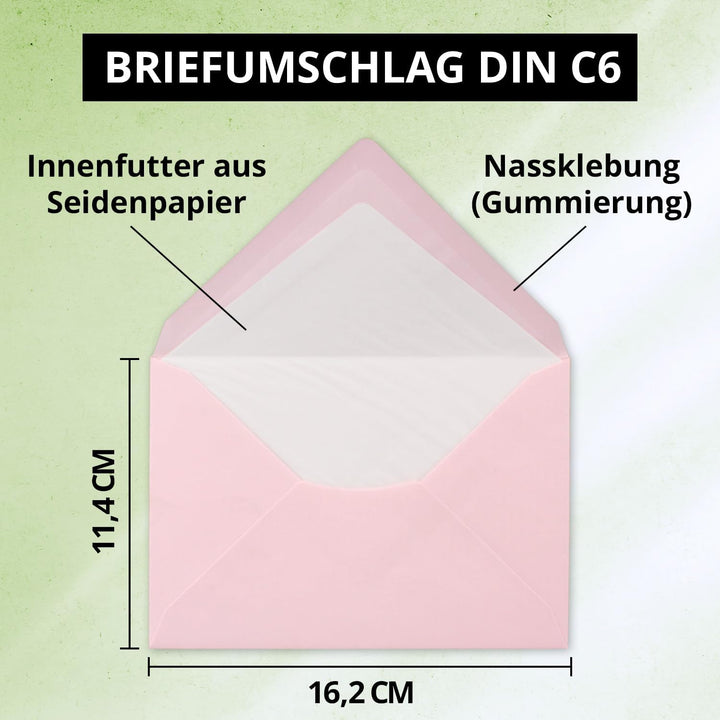 200 Briefumschläge Rosa - DIN C6 - gefüttert mit weissem Seidenpapier - 80 g/m² - 11,4 x 16,2 cm - N