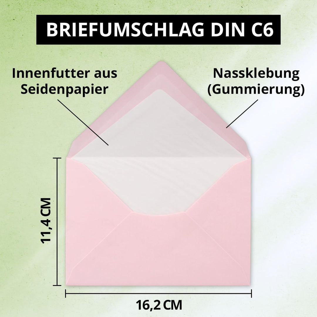 150 Briefumschläge Rosa - DIN C6 - gefüttert mit weissem Seidenpapier - 80 g/m² - 11,4 x 16,2 cm - N