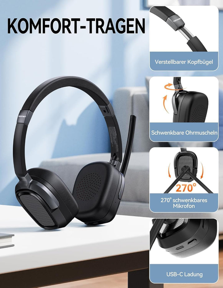 TECKNET V6.0 Bluetooth Headset mit Mikrofon Kabellos, ENC Noise Cancelling, Wireless Headset PC, USB