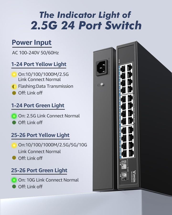 2.5G 26 Ports Network Switch with 2x10G SFP, VIMIN 24x 2.5G Base-T Unmanaged Switch 2.5G Switch 4 Po