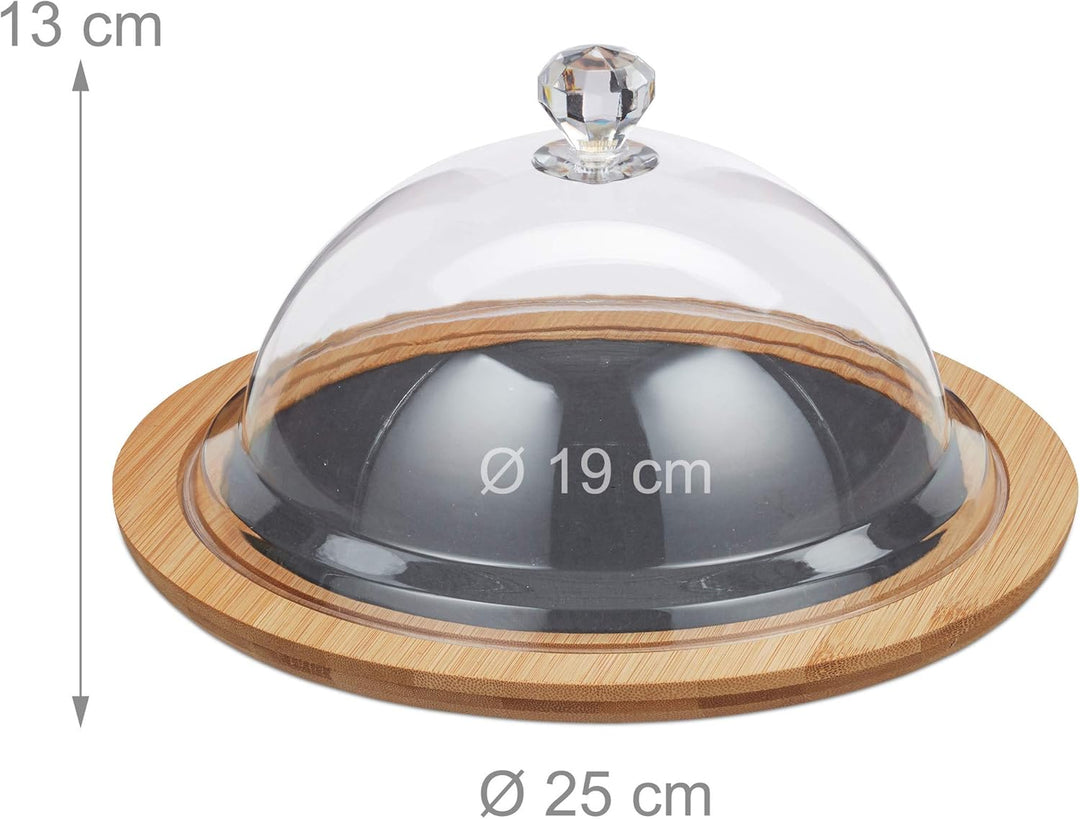 Relaxdays Käseglocke mit Käsebrett, Stahl Käsebesteck, Käsemesser, Käsegabel, Servierplatte, Bambus,