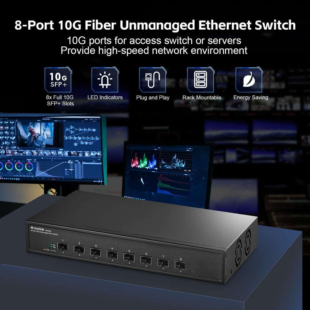 MokerLink Unmanaged 8-Port 10G SFP+ Glasfaser-Switch, 1G/10G SFP-Slot, 160 Gbit/s Desktop-Bandbreite